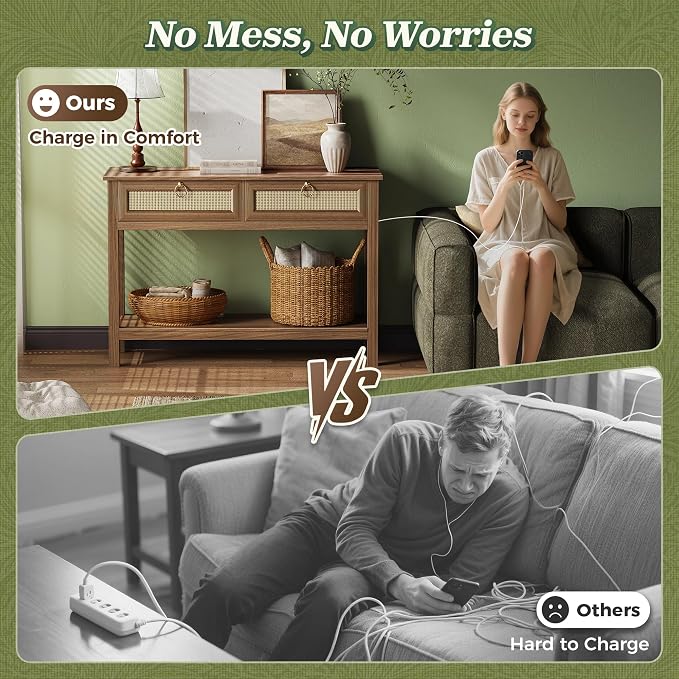 SUPERJARE Rattan Console Sofa Table with Outlets and USB-C Port, 2 Drawer Entryway Table with Synthetic Rattan Surface, 39 Inch, Open Shelf, Behind Couch Entry Foyer Hallway Storage, Brown