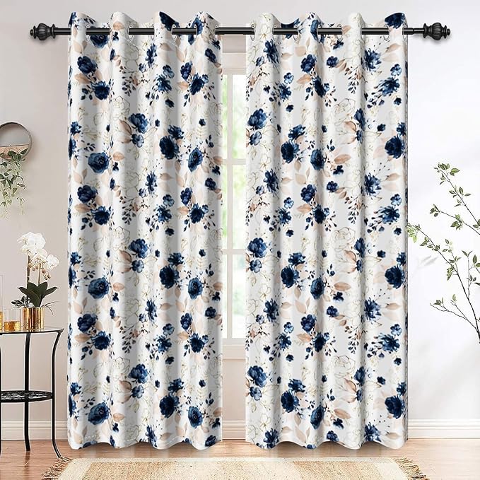 Renaiss Floral Blackout Curtains for Bedroom Pretty Rose Flowers Pattern Curtain & Drapes Thermal Insulated Black Out Curtain for Living Room 53W x 63L inches 2 Panel Set