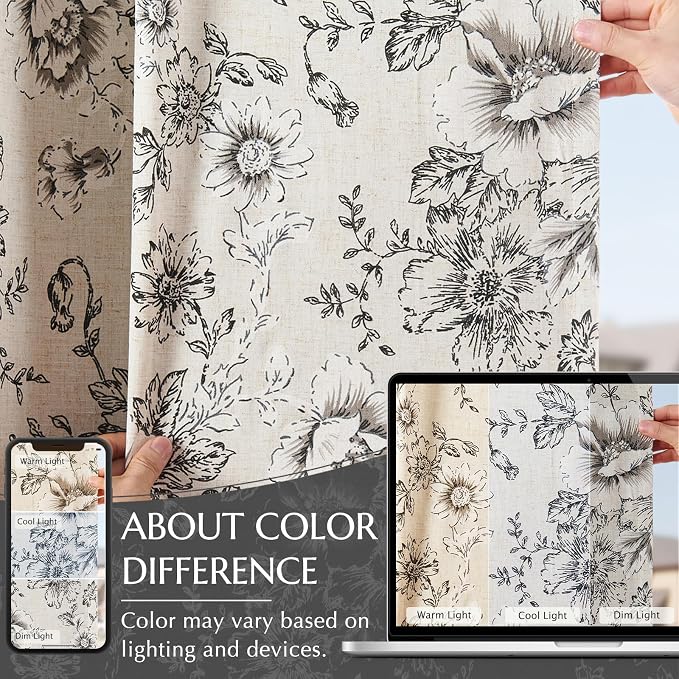 jinchan Linen Floral Tier Curtains 36 Inch Farmhouse Botanic Cafe Curtains Light Filtering Drapes for Small Windows Back Tab Half Window for Kitchen Living Room Bathroom 2 Panels Black