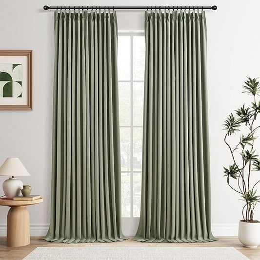 Joywell Sage Green Pinch Pleated 100% Blackout Linen Curtains 105 Inches Long for Bedroom Living Room Pinch Pleat Blackout Linen Curtains Thermal Insulated Rustic Farmhouse Window Drapes with Hooks