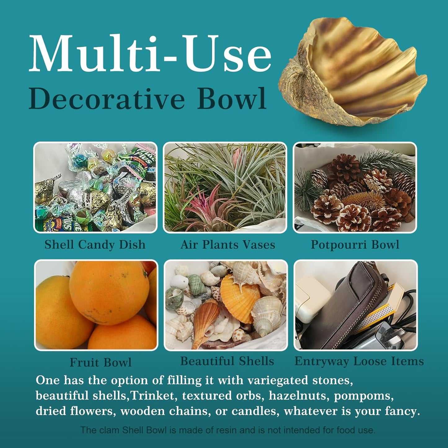 Large Clam Shells Decorative Bowl-Bronze/Golden Sea Shells Decorative Storage Bowls for Coastal Beach theme house table centerpiece decorations & Nautical decorations for coffee table -10.2"-1PC