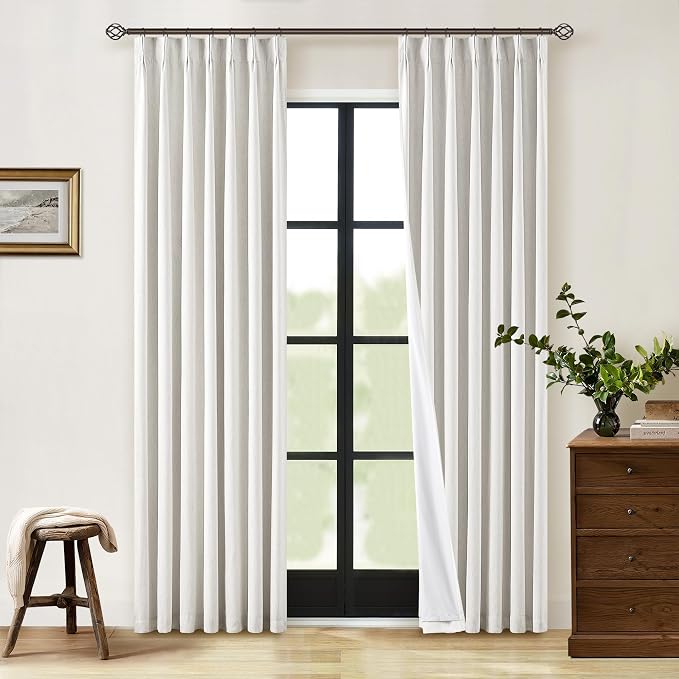 Off White Pinch Pleated Linen Blackout Curtains 80 Inch Length 2 Panels Thermal Insulated Full Blackout Dual Layer Drapes for Bedroom Living Room Darkening Pinch Pleat Curtains Hooks Rings 40x80