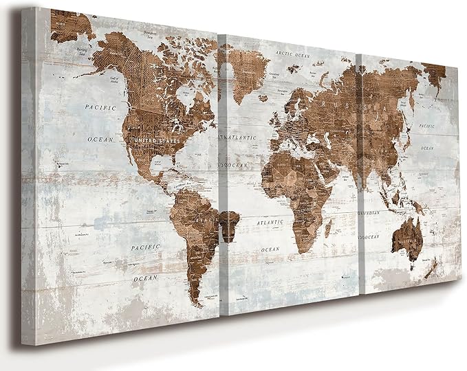 Office Wall Art Canvas World Map Motivational Living Room Pictures | Large Framed Vintage Wall Decor for Men Women Bedroom Home Travel Global Brown Artwork
