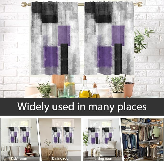 AAtter Purple Grey and Black Window Curtains for Kitchen Abstract White Lavender Silver Small Short Home Living Room Bedroom Bathroom Drapes Treatment Tiers Fabric 1 Pair, 27.5" W x 39" L, Modern