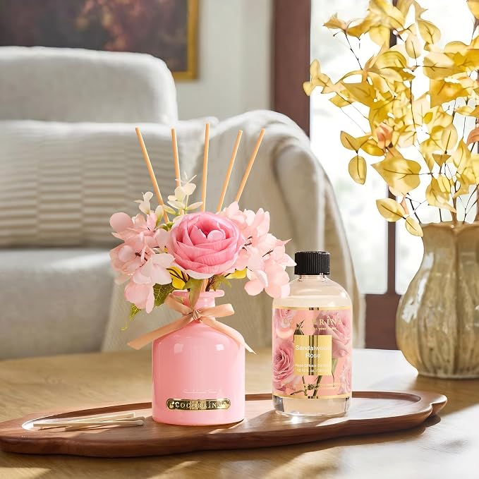 Cocorrína Reed Diffuser Refill Sandalwood Rose 10.14oz (300ml) with 8 Sticks - Premium Long-Lasting Floral Essential Oil, Home Fragrance for Bedroom, Bathroom Home Decor