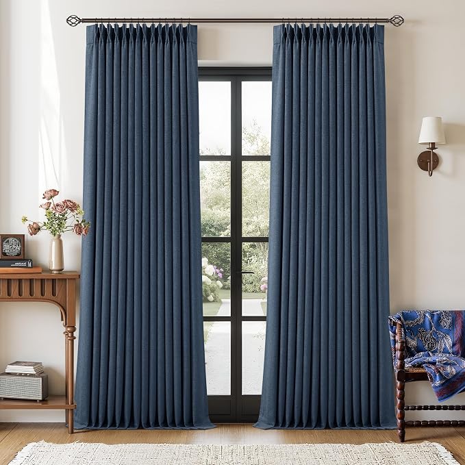 Navy Blue Linen Blackout Pleated Curtains 90 Inches Long for Living Room Darkening Pinch Pleat 100% Black Out Drapes Thermal Insulated Soundproof 90 Inch Curtain Panel for Dining Bedroom