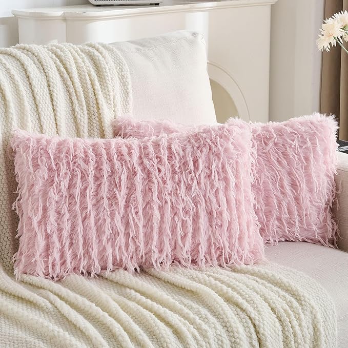 FUTEI Pack of 2 Faux Feather Plush Throw Pillow Covers 12x20 Inch Soft Fluffy Solid Farmhouse Decorative Lumbar Pillowcases Modern Luxury Accent for Couch Bed Living Room, Pink