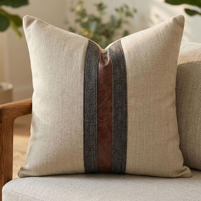 Set of 2 Leather Throw Pillow Covers Cotton Linen Decor Patchwork Pillow Cover Faux Leather Pillows Cover for Couch Sofa Living Room Bedroom,Beige Yellow 18"x18"