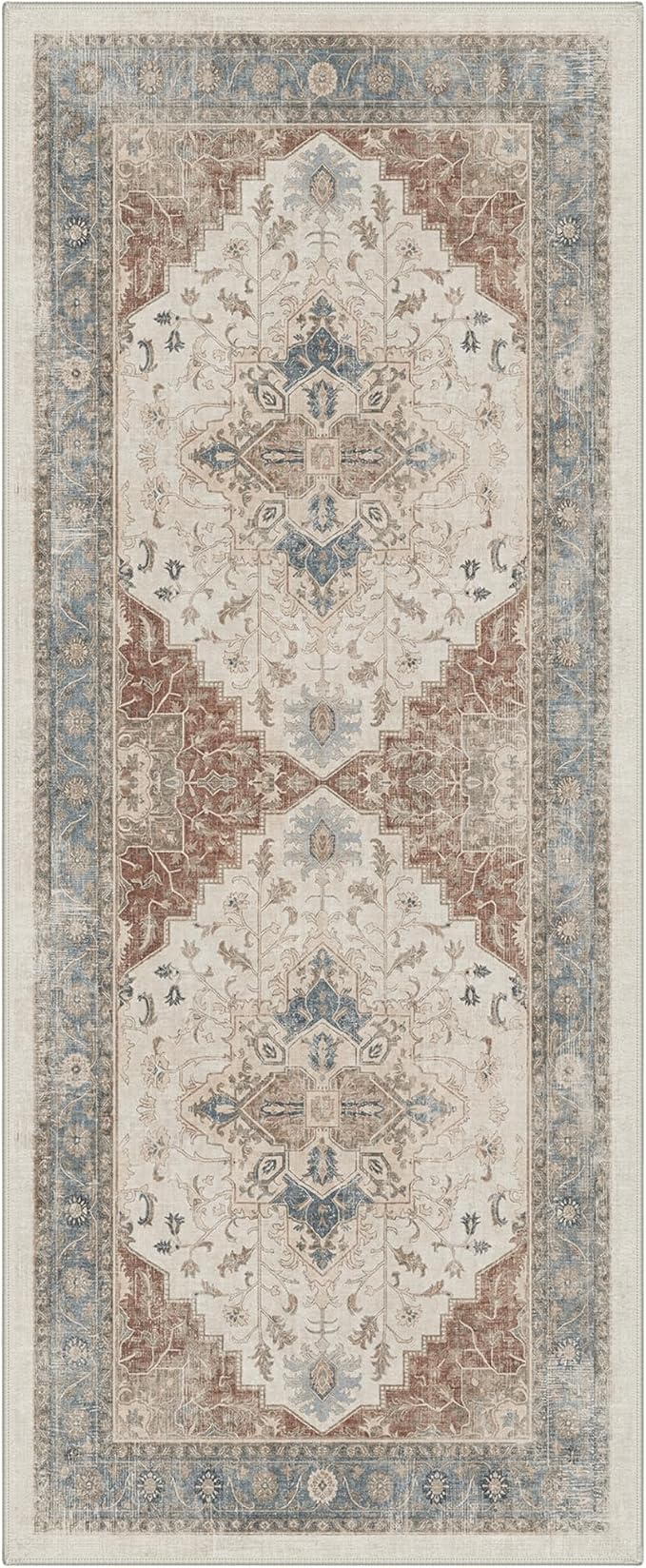 GENIMO 2x5 Runner Rugs for Hallway Kitchen and Laundry Room Non Slip Low Pile Machine Washable Lightweight Print Rug for Bedroom Bathroom Entryway, Floral Medallion, Dusty Beige