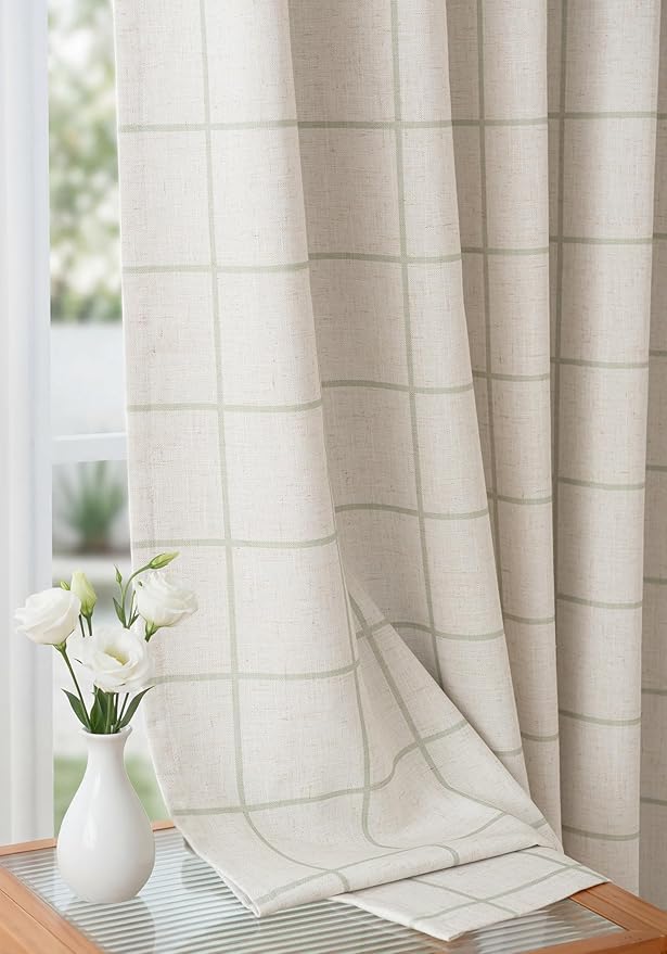 THREE GIRLS Pinch Pleated Plaid Curtains Blackout Linen Gingham Green Curtains for Living Room,Bedroom Checkered 102 Inches Long Double Layer 2 Panels Set Luxury and Modern Printed Design Darkening