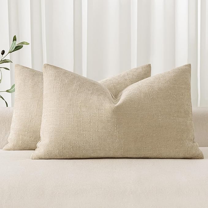 MIULEE Textured Couch Pillow Covers 20x12 Inch Pack of 2,Beige Soft Thick Solid Lumbar Decorative Chenille Throw Pillows Neutral Farmhouse Cushion Covers Modern Home Decor for Sofa Bedroom Living Room