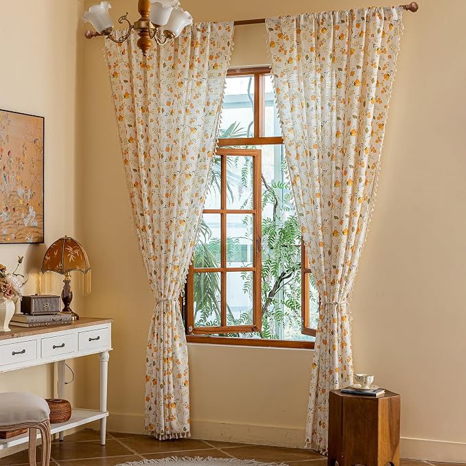 OYX Floral Boho Curtains 2 Panels Short 96 Inch Curtains Patterned Semi Sheer Living Room Drapes Farmhouse Boho Window Curtain Panels with Tassel Beige Rod Pocket Bedroom Drapes