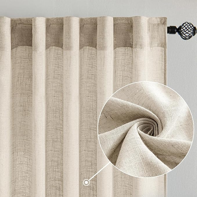 MIULEE Beige Linen Curtains 54 Inch Length 2 Panels for Bedroom Living Room, Soft Linen Textured Window Drapes Semi Sheer Light Filtering Back Tab Rod Pocket Farmhouse Modern Burlap Look Decor