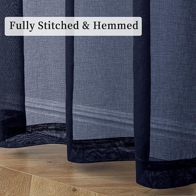 MIULEE 2 Panels Navy Dark Blue Sheer Window Curtains Elegant Grommet Top Window Voile Drapes/Treatment Linen Textured Panels for Bedroom Living Room (54X96 Inches)