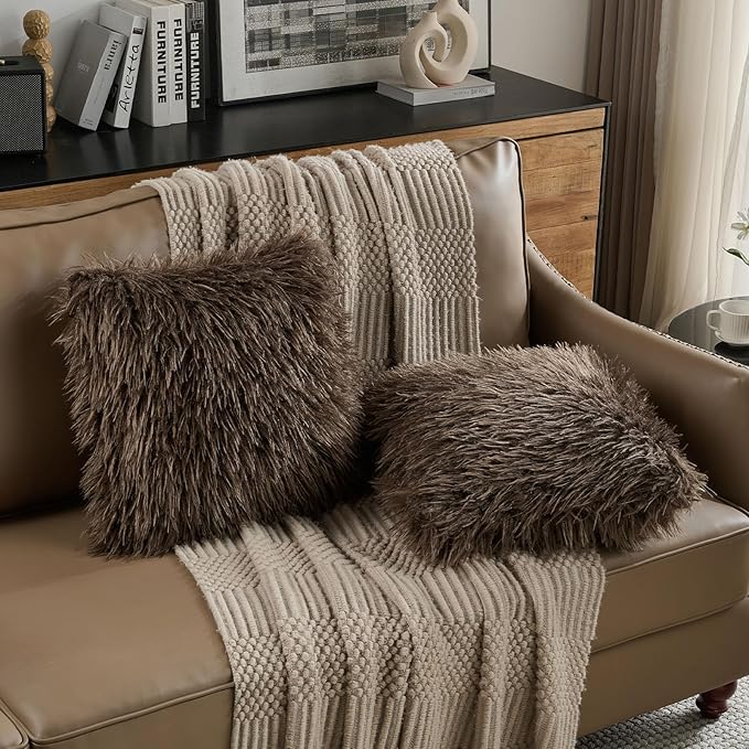 FUTEI Pack of 2 Shaggy Mongolian Faux Wool Throw Pillow Covers 18x18 Inch Soft Fluffy Farmhouse Decorative Cushion Case for Couch Bed Living Room, Dark Coffee