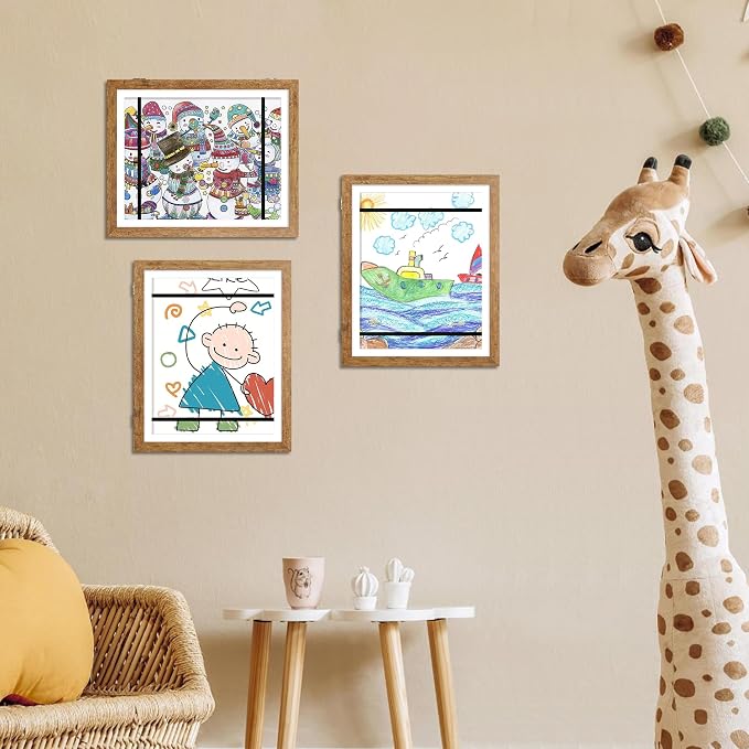 iRahmen Kids Art Frames 10x12.5 - Front Opening Childrens Picture Frame Changeable, Wood Artwork Display Storage for Wall Mount, Magnetic Door Holds 50 Art Pieces for Drawings, 3D Picture, Crafts, Portfolio, Brown