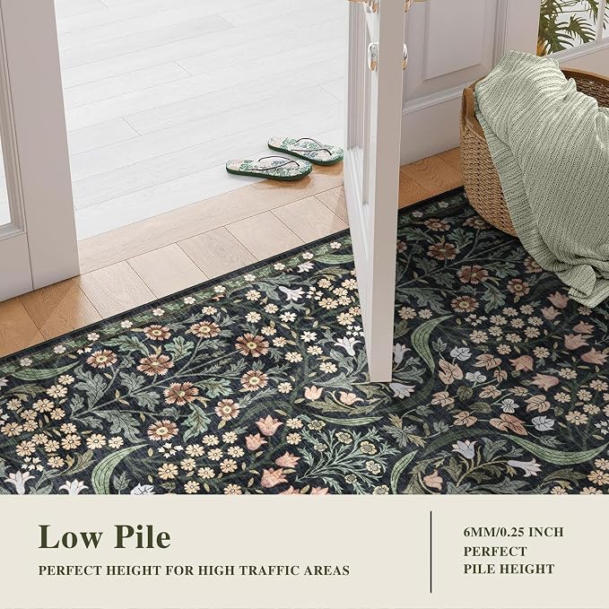 2x3 Washable Area Rug for Entryway Vintage Boho Floral Rug Non-Slip Low Pile Soft Faux Wool Small Carpet Kids and Pets Friendly for Bathroom Bedroom Kitchen Hallway Bedside Home Decor Rug Black