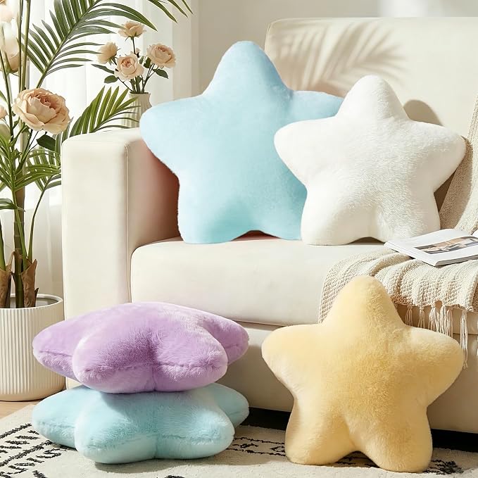 19 Inch Star Shaped Pillow Large Cute Decorative Throw Pillows for Couch Bed Sofa, Aesthetic Soft Faux Fur Floor Cushions for Living Room Bedroom Decor (Breeze Blue, 19" x 19")