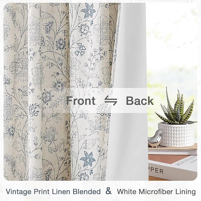 Vision Home Blue Leaf Floral Print Pinch Pleat Light Filtering Curtains, Linen Window Drapes with Microfiber Liner & Back Tab Hooks for Living Room Bedroom, Farmhouse Cottagecore 40x84 Inch Set of 2