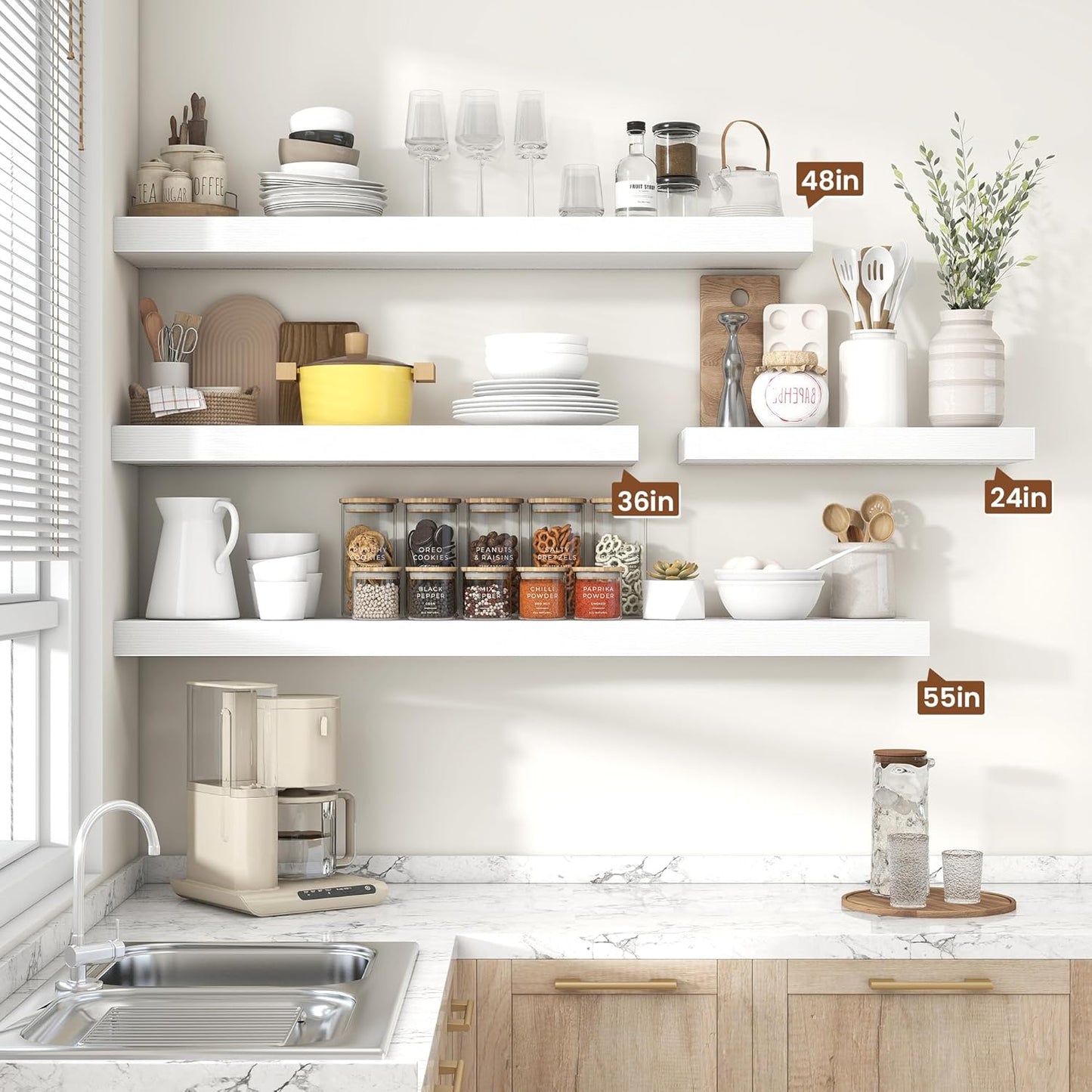 Heimlove 48" White Floating Shelves for Wall,10 Deep Rustic Wood Display & Storage Wall Shelves with Heavy Duty Brackets for Bathroom,Bedroom,Kitchen,Living Room,Office