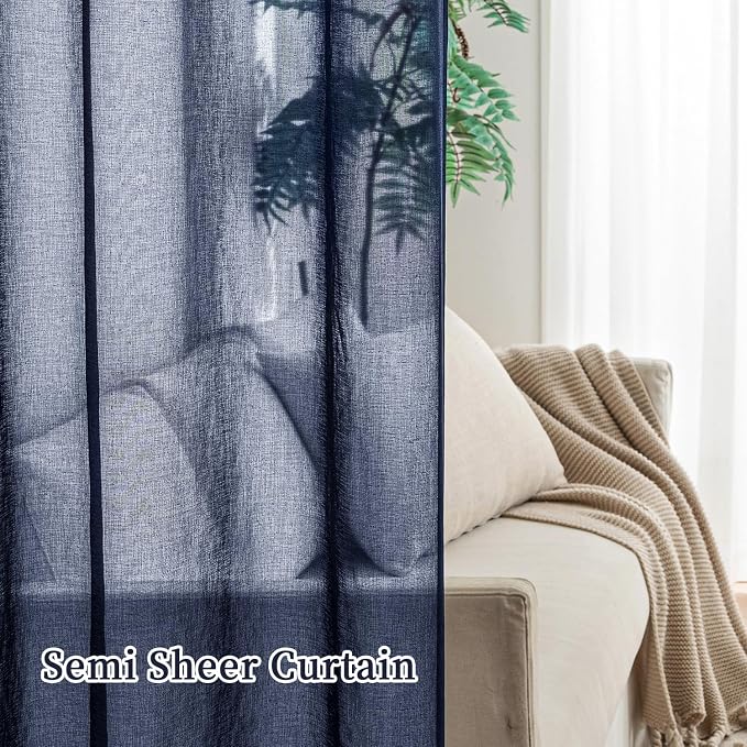 MIULEE 2 Panels Navy Dark Blue Sheer Window Curtains Elegant Grommet Top Window Voile Drapes/Treatment Linen Textured Panels for Bedroom Living Room (54X84 Inches)