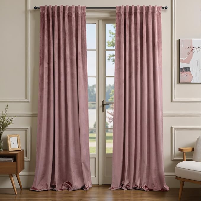 Dusty Rose Pink Velvet Curtains 84 Inch Length for Girls Bedroom 2 Panels Back Tab Pocket Pleated Pretty Cute Luxury Living Room Darkening Thermal Insulated Light Reducing Long Drapes for Dining Room