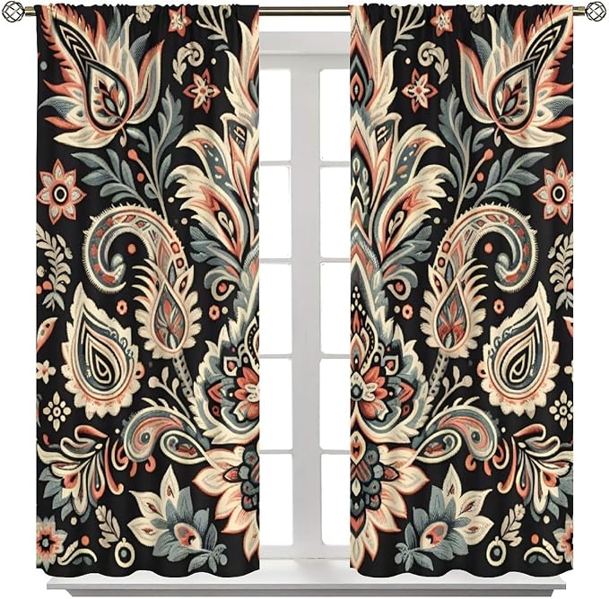 Vintage Floral Blackout Curtains, Bohemian-Style Natural Botanical Paisley Pattern Window Treatments for Bedrooms, Living Rooms, and Offices63X72 Inch