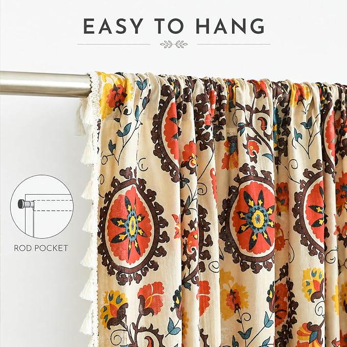 VOGOL Vibrant Boho Curtains, Red Sun Disc Mandala Floral Drapes to Brighten Your Living Room, European Ethnic Style Textured Fabric with Tassels, 59"x79", 1 Panel