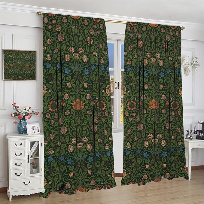 Bohemia Plant Flowers Pattern Blackout Window Curtains, William Morris Art Print Vintage Decor Curtains, for Living Room Bedroom 31.5(W)*63(L) 2 Panels