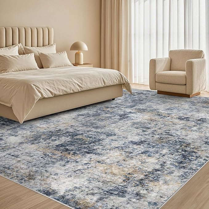 Tortania Washable 10x13 Area Rug for Living Room: Modern Abstract Neutral Large Soft Thin Rugs - Non Slip Indoor Carpet for Bedroom Dining Room Office Nursery Home Floor Decoration - Blue Grey