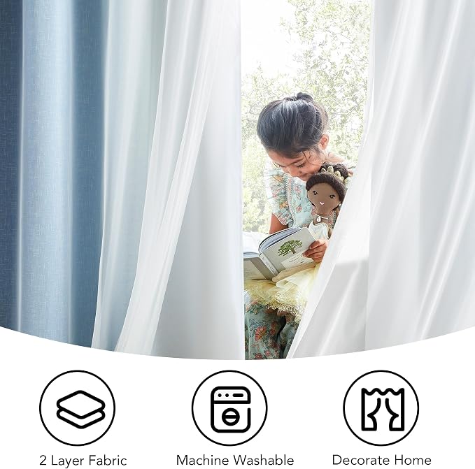Ombre 100% Blackout Curtains 84 Inches Long 2 Panels for Bedroom Living Room Blue and White Double Layer Sheer Overlay Mix & Match Grommet Thermal Soundproof Drapes with Tiebacks, 52x84