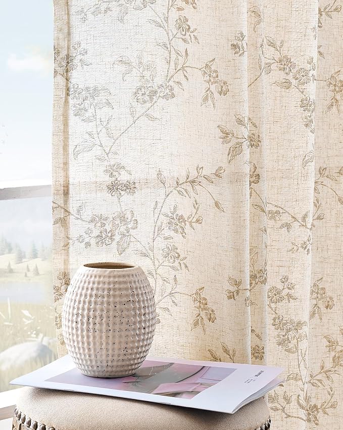 jinchan Taupe Floral Linen Curtains 84 Inch Farmhouse Back Tab 2 Panels | Flower patterned drapes, french country, light filtering, semi sheer, printed, bedroom, living room, office, window treatment