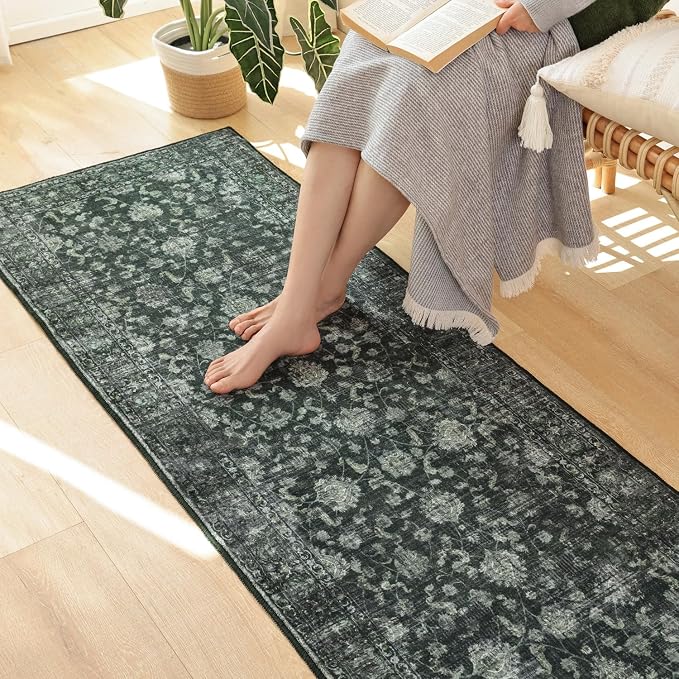 FROZZUR 2x6 Boho Green Runner Rug Vintage Farmhouse Hallway Entryway Rugs for Kitchen Bedroom Non Slip, Washable Boho Carpet for Home Decor Green