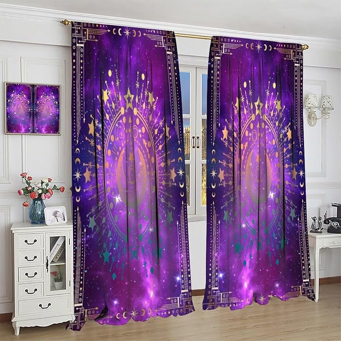 Sun Moon Blackout Curtains, Abstract Bohemian Universe Starry Sky Galaxy Mystic Art Window Drapes, for Bedroom Living Room 42" W X 63" L