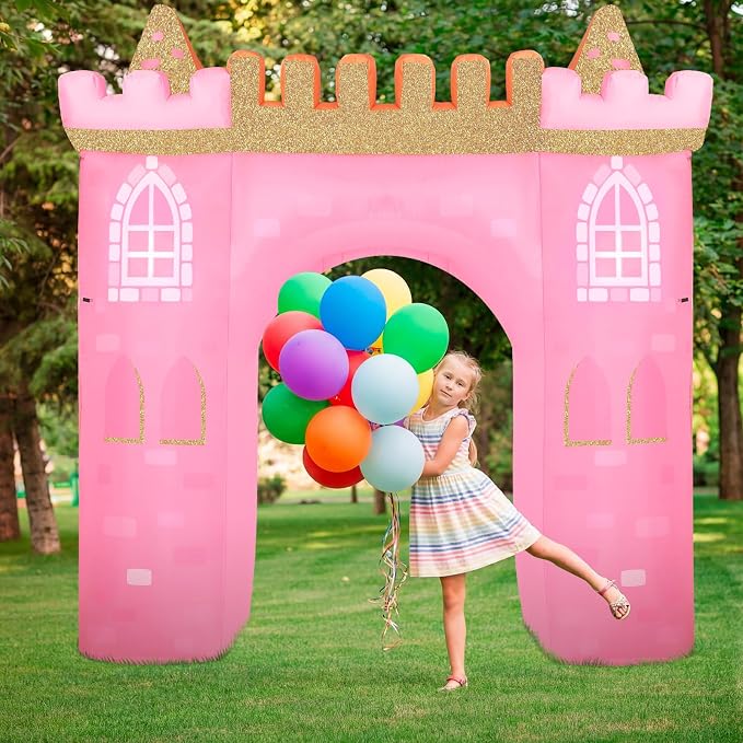10ft Princess Inflatable Arch Castle with Built-in LED Lights, Pink Princess Party Decorations Blow up Archway for Girl Birthday Baby Shower Outdoor Yard Lawn Decor