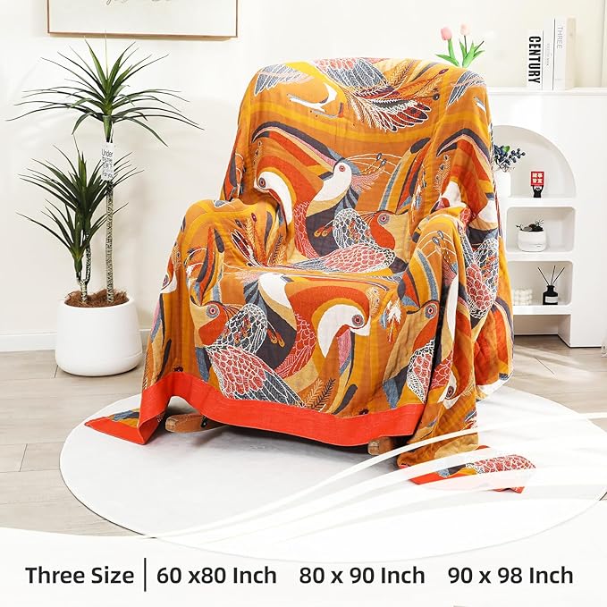 VANJOROY Boho Large Throw Blanket, 100% Organic Cotton Breathable Soft Bed Throw - Floral Bird Farmhouse Decor Blanket for Sofa Couch Chair Quilt and Gift. 91" x 98"- Colorful