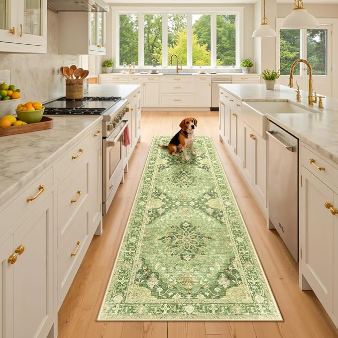 RELEANY Area Rugs Runner 2'6"x8' Washable Non-Slip, Floral Vintage Distress Medallion Carpet for Kitchen Hallway Bedroom Beside Laundry Room Bathroom, Sage Green Yellow
