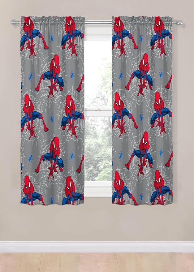 Jay Franco Window Curtains for Kids Bedroom 4-Piece Drape Set with 2 Tiebacks, Grey - Spiderman, 42" W x 63" L (Pack of 2)