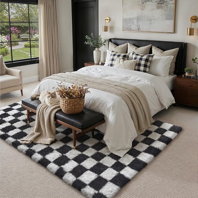 PureCozy Checkered Rug 5x7 for Living Room, Black and White Modern Shag Rugs Super Soft Washable Indoor Office Fuzzy Carpet Non-Slip Fluffy Rugs for Bedroom Home Aesthetic Decor