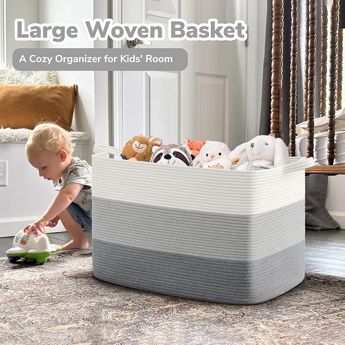Goodpick 105L Extra Large Blanket Basket 25" x 16" x 16" Cotton Rope Storage Bins for Dirty Clothes Pillows, Decorative Woven Basket with Handles, Toy Baskets Storage Kids, Gray