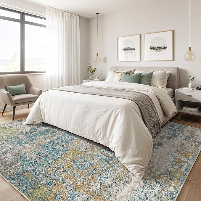 5x7 Area Rugs Living Room: Washable Large Abstract Neutral Modern Soft Rugs Stain Resistant Indoor Floor Non-Slip Accent Carpet for Bedroom Nursery Playroom Office Dining Room Home Decor- Teal