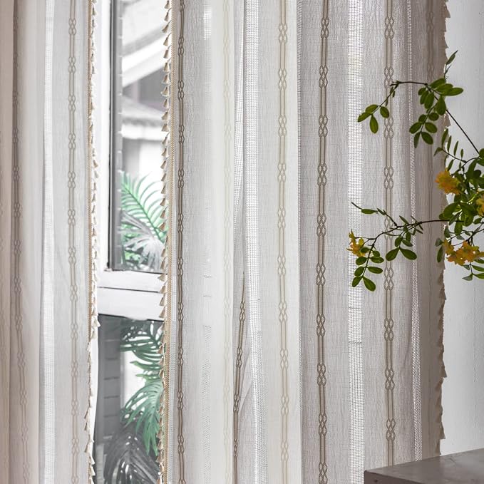 Boho Linen Curtains - 96 Inch Long, 2 Panel Off White Country Farmhouse Curtains for Bedroom & Living Room - Light Filtering Rod Pocket Drapes (52" W x 96" L, White)