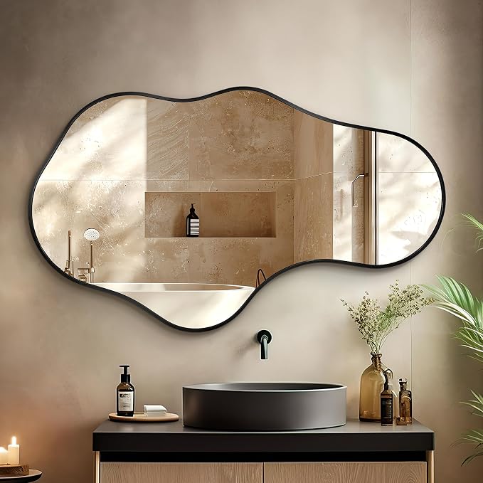 Bathroom Mirror for Over Sink-Black Room Decor Wall Mirror 22"x 36" | Irregular Wall Mirror - Asymmetrical Abstract Mirror Unique for Bedroom, Living Room, Cloakroom, Entryway