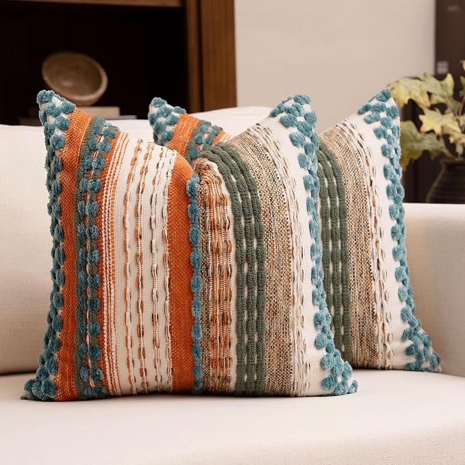 Boho Chenille Tufted Throw Pillow Covers 18x18 Inch Set of 2 Farmhouse Rust Teal Woven Striped Decorative Pillowcases for Couch Sofa Bed