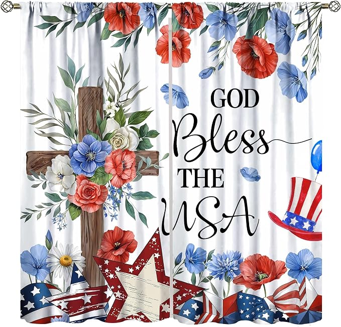 4th of July Curtain,Red Blue Floral Patriotic Independence Day Drapes for Bedroom Living Room Kitchen Window Treatment 2 Panels Set Total Size 63" W X 63" L Inch