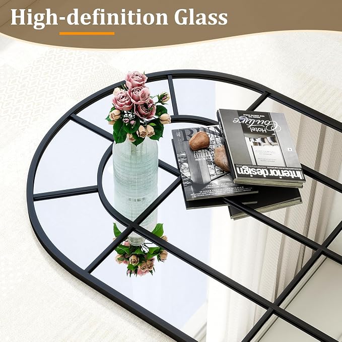 24"×65" Windowpane Arched Full Length Mirror, Grid-Designed Decorative Farmhouse Full Body Floor Mirror with Metal Frame Hanging Leaning for Entryway, Living Room, Home Decor, Black