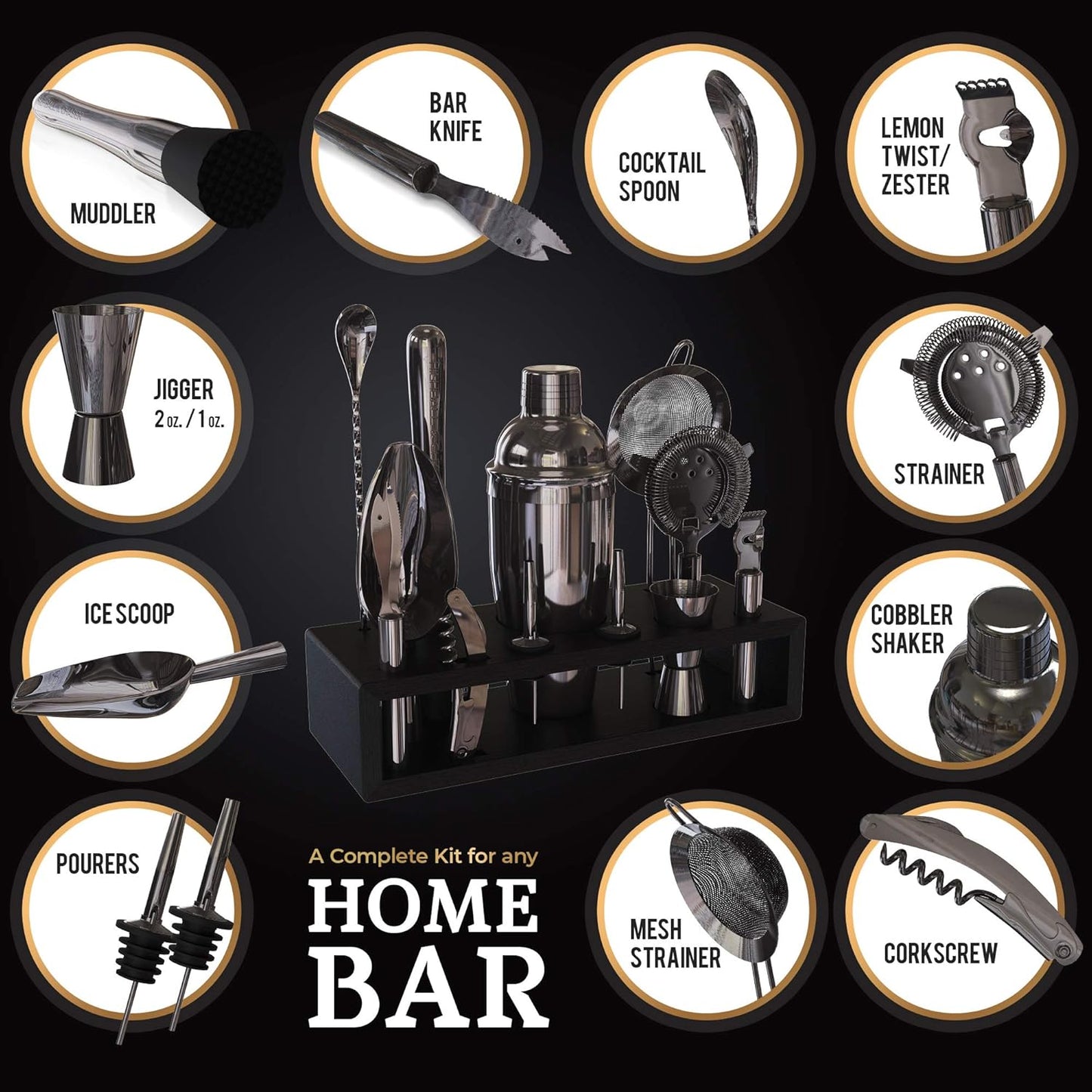 Highball & Chaser 13-Piece Cobbler Cocktail Shaker Set: Black Polished Stainless Steel Bartender Kit for Home Bar Set | Laser Engraved Tools Plus E-Book with 30 Recipes