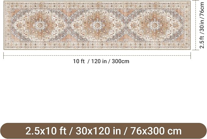 2'6" x 10'Non Slip Runner Rugs - Runners for hallways, Kitchen,Entryway,Stain Resistant Washable Rugs for Bedroom, Indoor Vintage Area Rugs (Turmeric/Grey,2'6" x 10')