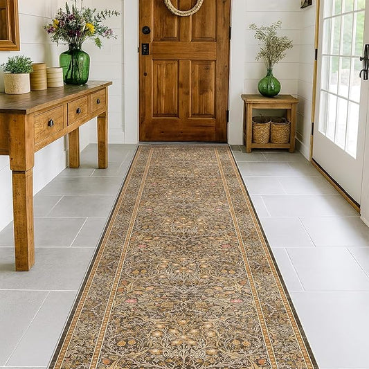 3x10 Long Runner Rugs for Hallway Non Slip, Geometric Floral Design Washable 10ft Oriental Rug for Entryway, Kitchen, Vintage Indoor Décor, Brown Low Pile Stain Resistant Carpet