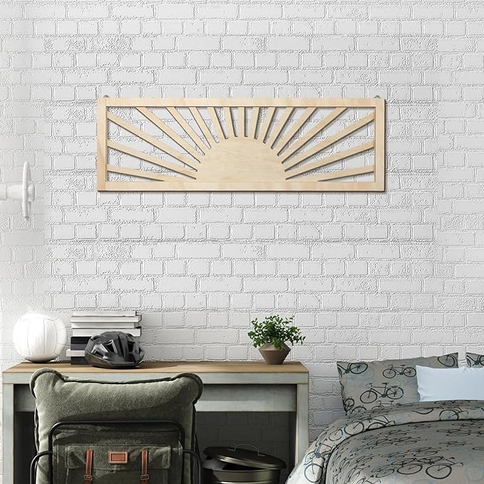 Burbell Sun Wall Art Decor 35'' x 12'' Large Boho Sun Wall Decor Wooden Horizontal Vintage Bohemian Hanging Rectangle Panoramic Above Bed Decoration for Bedroom Home(Wood Color)
